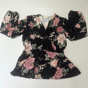 Faith and Joy Size Medium Black Floral Peplum Top